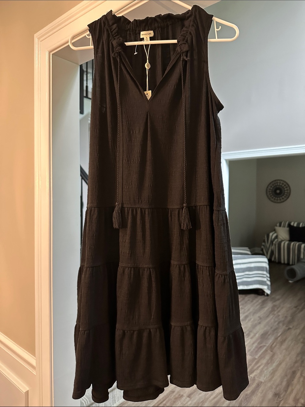 Max Studio Black Sleeveless Tiered V-Neck Dress with Tassel Ties
